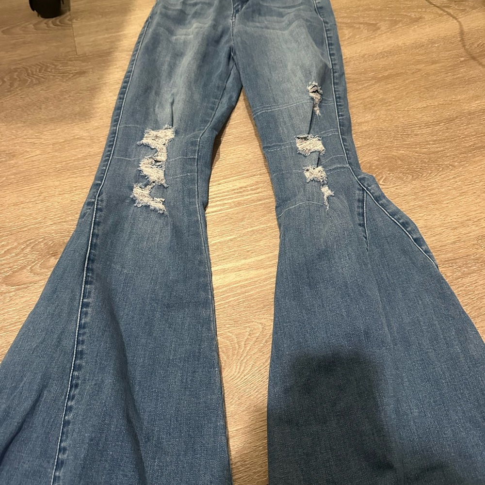 Blue Flare Wide Leg Jeans with Distressed Details